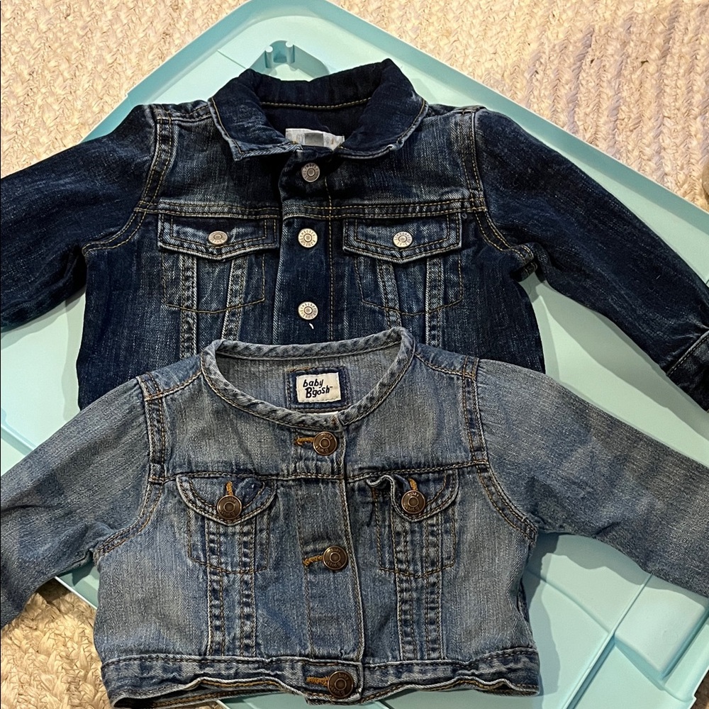 2 Girls 12-18 months denim jackets. One light blue other dark blue.